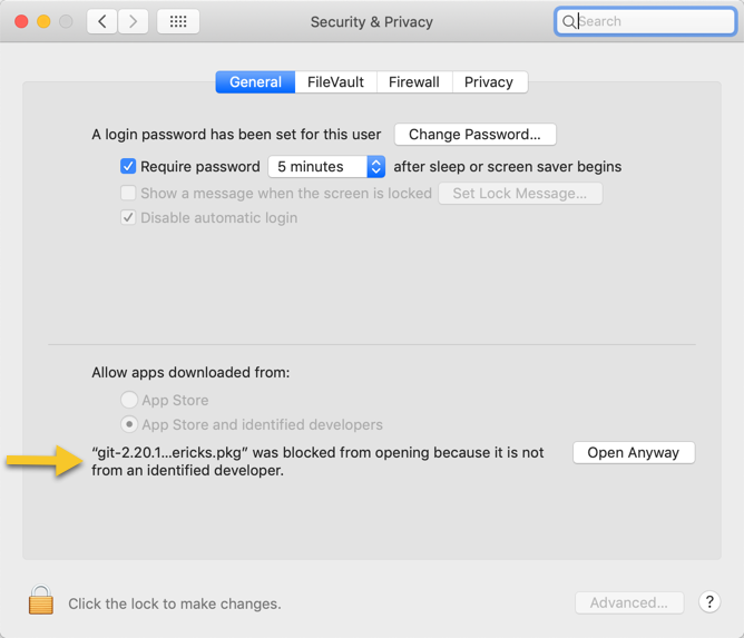 The macOS System Preference Security & Privacy with arrow pointing to message.