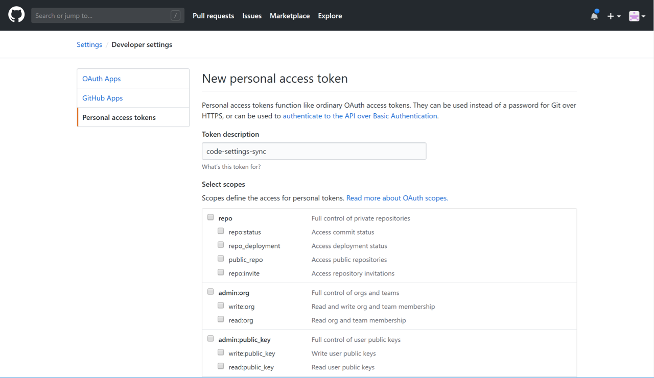The GitHub New Personal access token screen with 