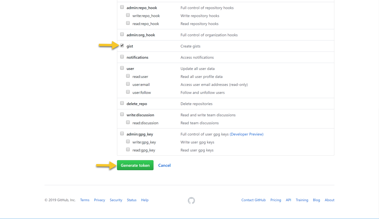 The GitHub New Personal access token screen arrows pointing to gist checkbox and 