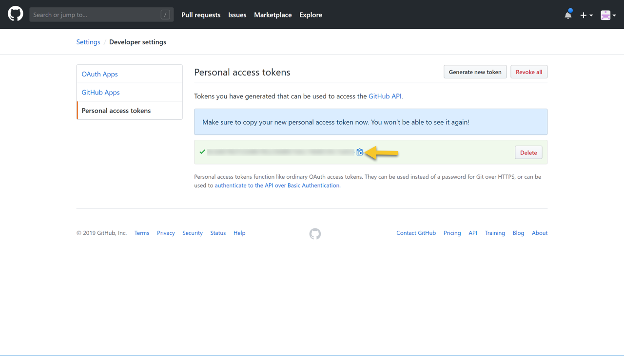 The GitHub Personal access token screen with new token screen and an arrow pointing to the clipboard icon