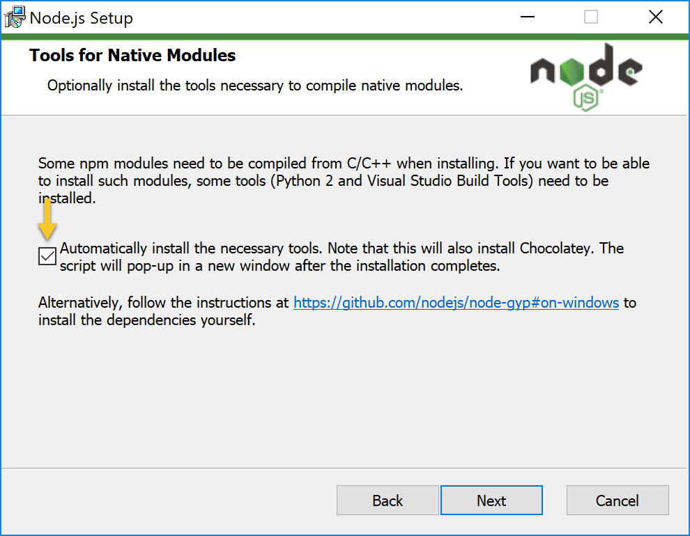The Tools for Native Modules screen of the Node installation with arrow pointing to checkbox.