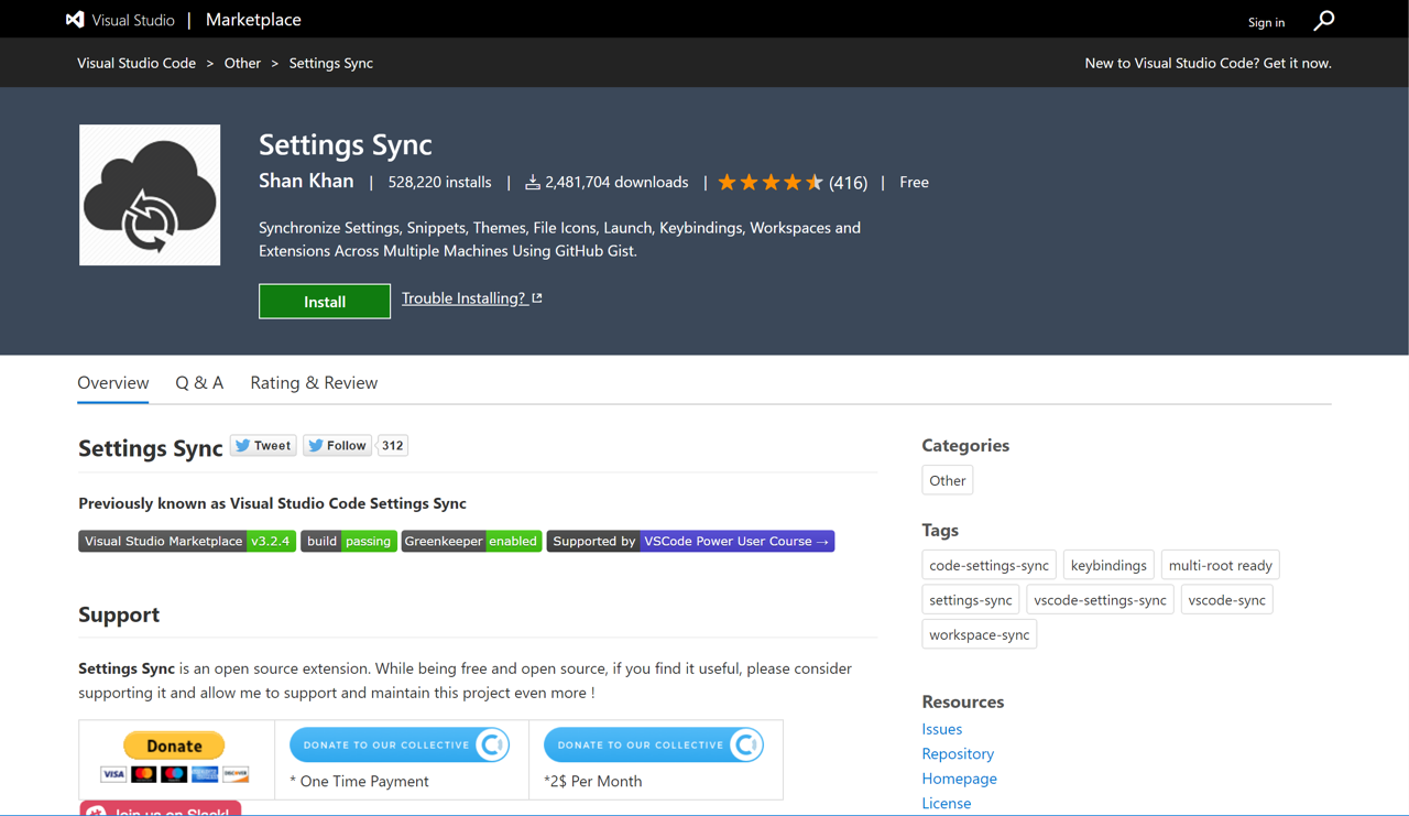The Settings Sync Visual Studio Marketplace web page