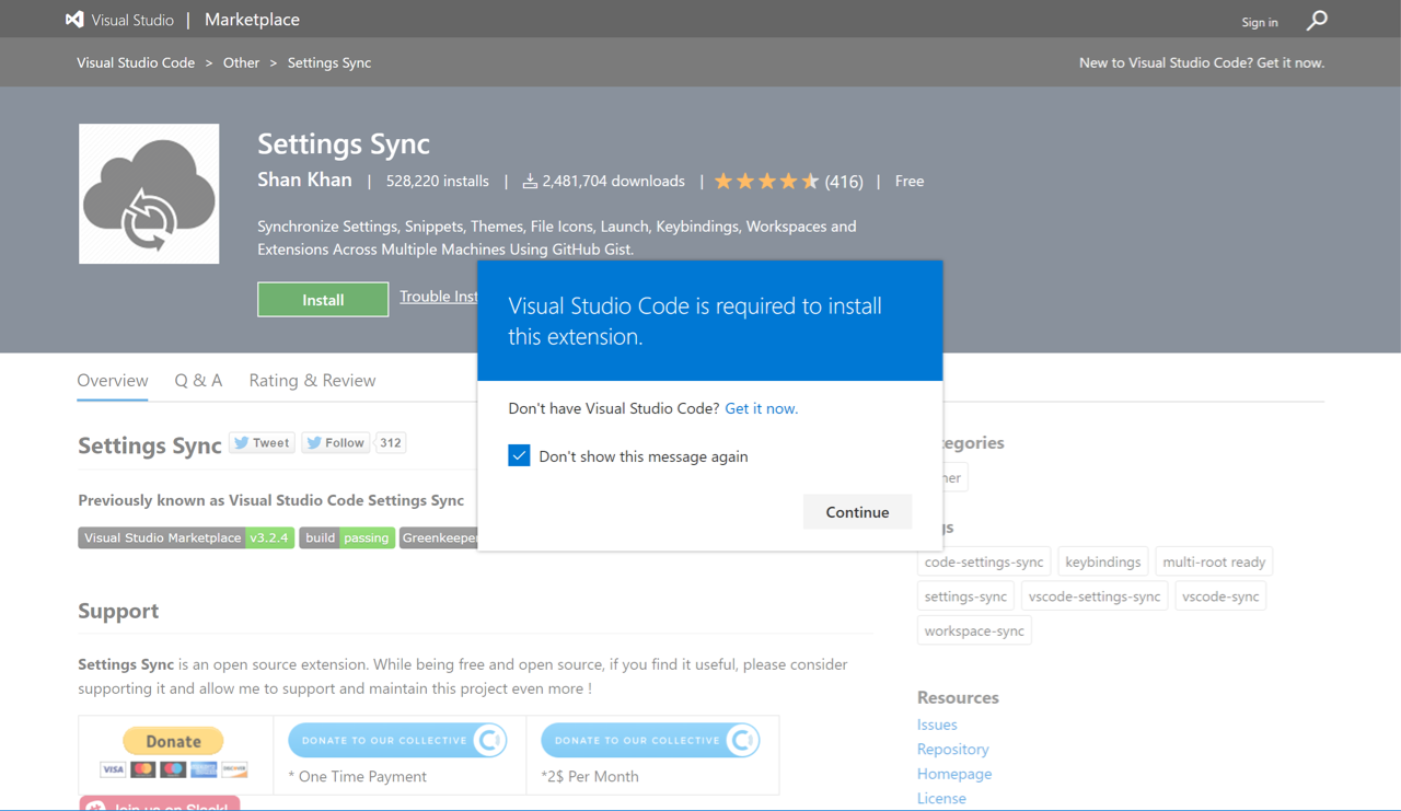 The Settings Sync Visual Studio Marketplace web page with dialog box