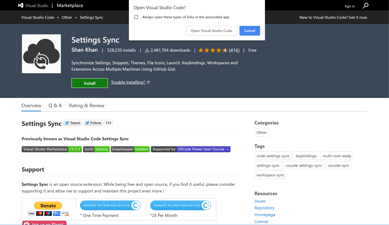 The Settings Sync Visual Studio Marketplace web page with alert box