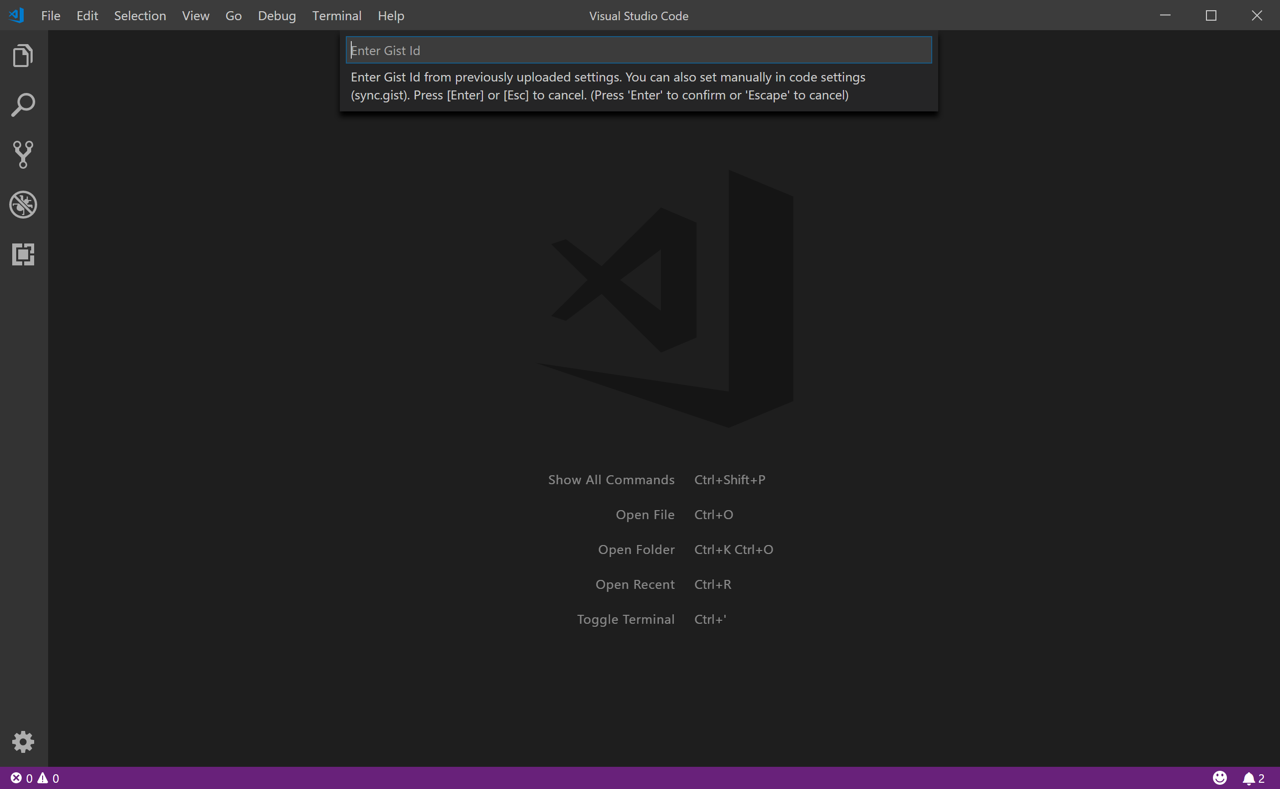 VSCode with command palette open with text box to enter Gist ID