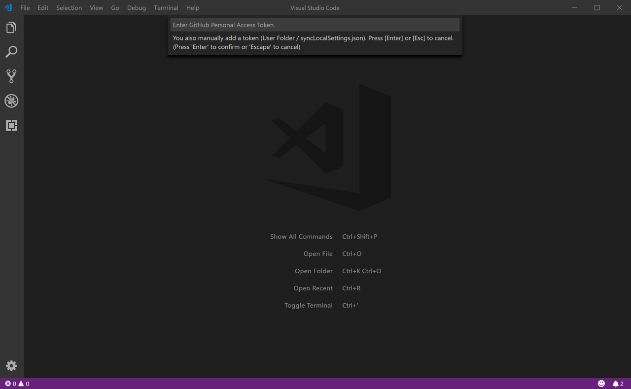 VSCode with command palette open with text box to enter GitHub Personal Access Token
