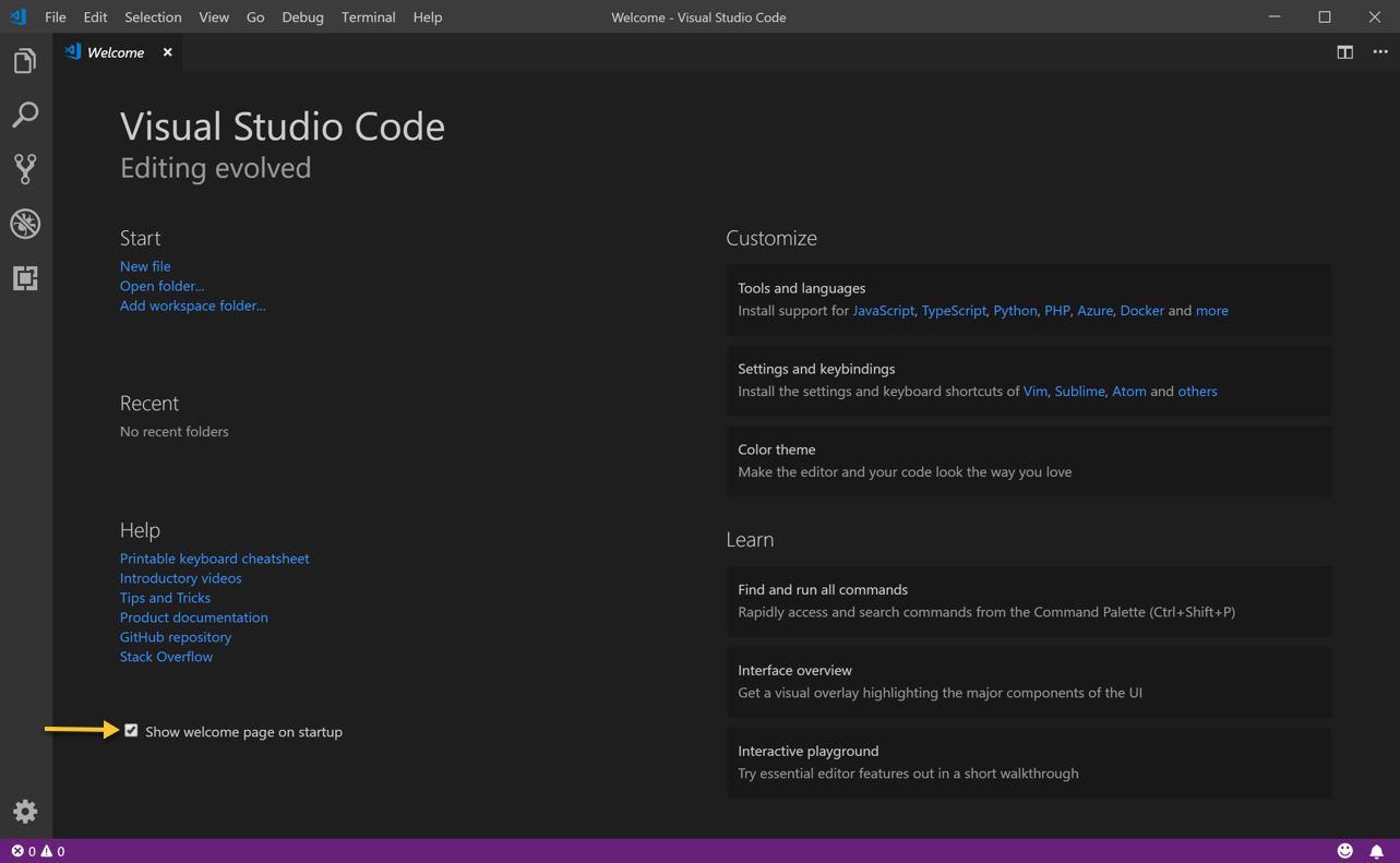 The VSCode Welcome Page with arrow pointing to checkbox