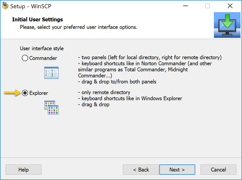 The Initial User Settings screen of the WinSCP installation process